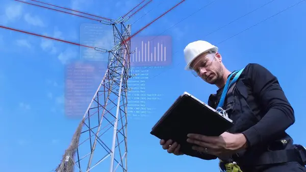Electrical engineer servicing pylon tower with tablet - 2D graphics