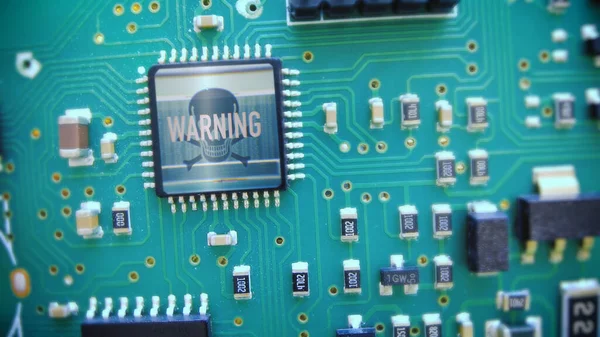 Computer Virus skull warning on a motherboard chip - 2D graphic vfx