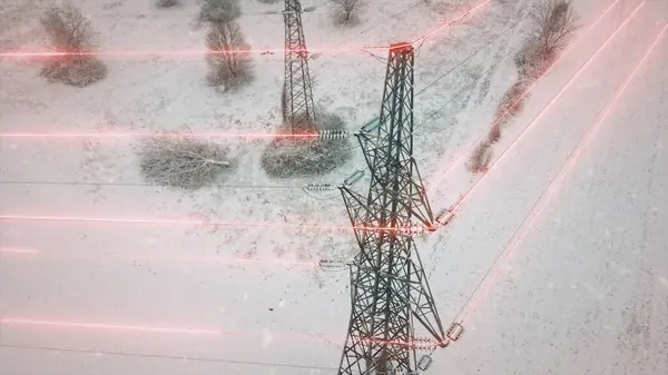 Snowstorm causing power outage with animation of faulty cables and wires from transmitter having interrupted electrical transmission. Graphic