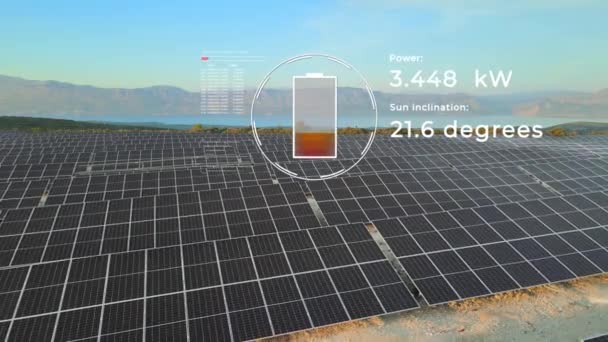 Infografik Mit Batterieladung Und Netzabtastung Von Photovoltaik Solarmodulpark Renderer — Stockvideo