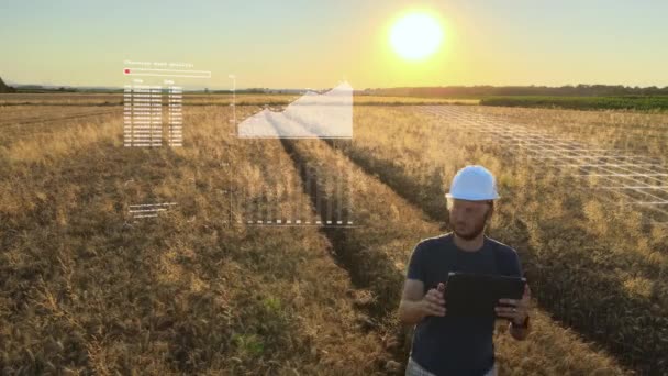 农业工程师运用先进技术控制粮食生产 3D渲染 — 图库视频影像