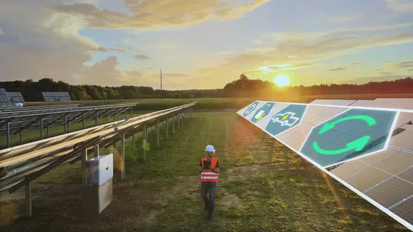 Técnico Fotovoltaico Caminhando Campo Através Painéis Solares Com Ícones Gráficos — Fotografia de Stock