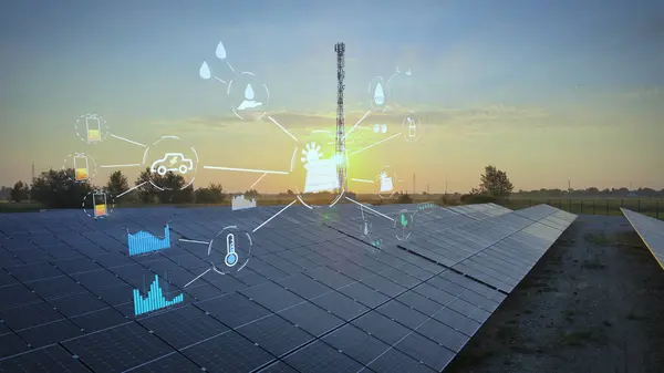 Rede Distribuição Ecológica Energia Através Sistemas Solares Fotovoltaicos Animação Digital — Fotografia de Stock