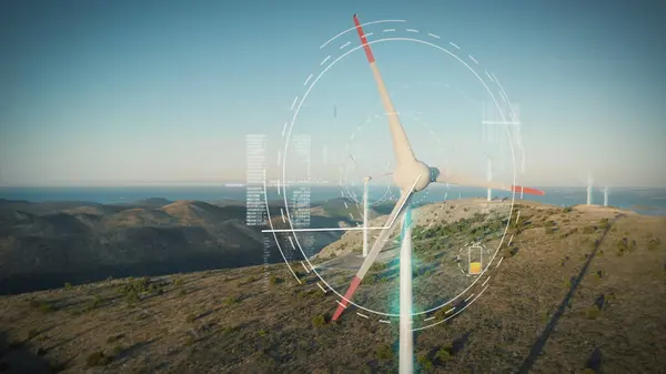 Wind turbines, windmills, with digitally generated holographic display HUD tech data visualization animation effect. Wind park electricity power