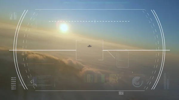 Tracking a Unidentified flying object above mountains and clouds - 3d hud render