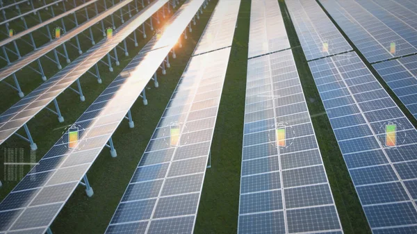 Fazenda Painel Solar Gerando Eletricidade Para Rede Nacional Com Indicador — Fotografia de Stock