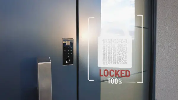 Smart home entrance door with digital security lock and fingerprint field. Digital display, monitoring