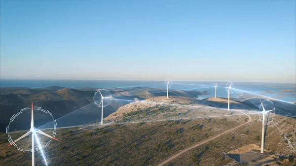 stock image Modern wind turbines produce green, pure energy in rocky coastal landscape. Connection through digital lines, 6G network monitoring