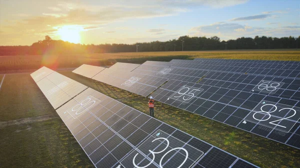 Engineer performs maintenance work on solar panels in green meadow with digital device. Animation, state of charge energy generation, green, climate-neutral energy source