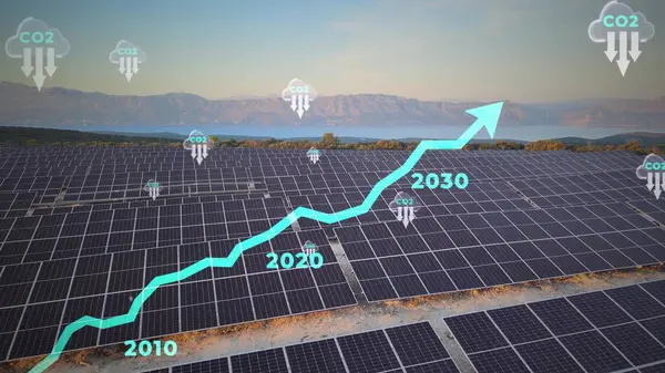 Net zero emission graph reducing CO2 emission until 2050 using solar panels and sustainable power sources. 3D render