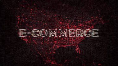 Siyah arkaplan üzerine ABD Haritası önünde dijital E-Ticari Metin Animasyonu. Grafiksel