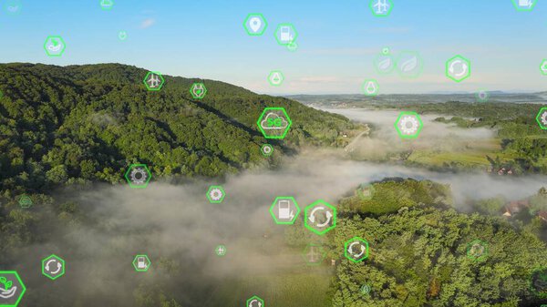 Environmental protection icons over foggy green landscape. Sustainable technology nature conservation concept. 3D render