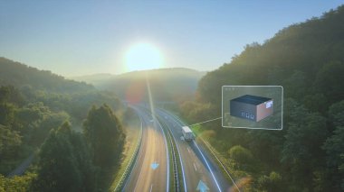 Satellite-controlled truck drives with parcel cargo on digital highway. Modern postal system, parcel deliveries through autonomous driving clipart