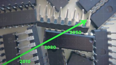 Modern Elektronik Ekipmanların Teknoloji İnovasyonu ve Yarı iletkenlerin onlarca yıllık zaman çizelgesi. 3B Grafiksel