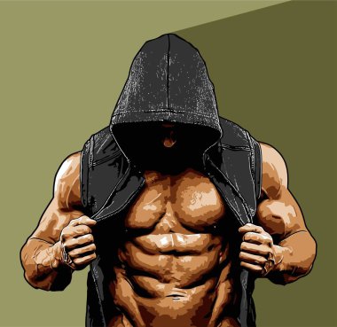 Kapüşonlu vektör şablonu giyen kaslı bir adam.