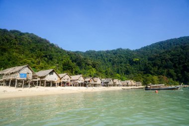 Tayland 'ın geleneksel uzun kuyruklu dizel motorlu teknesi Morgan Köyü' nde, Tayland 'ın güneyindeki Sea Gypsies Kabilesi yerleşiminde. Surin Adaları, Andaman Denizi, Phang Nga.