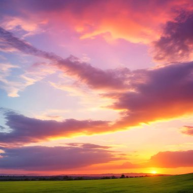 Güneşin aydınlattığı renkli bulutlarla son derece görkemli bir gün batımı. Parlak destansı gökyüzü. Turuncu güneş ışığıyla koyu mor bulutlar ve harika alacakaranlık gökyüzünde pembe ışık..