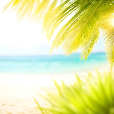 Bulanık, yeşil palmiye yaprağı tropikal plajda, Bokeh güneş ışığı dalgası soyut arka planda. Palmiye ağacıyla soyut deniz manzarası, tropikal plaj arka planı. Sakin denizin ve gökyüzünün bulanık ışığı. yaz tatili konsepti.