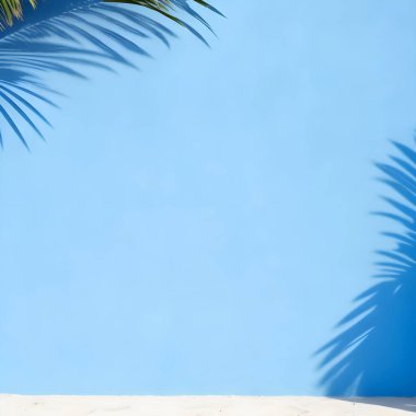 Boş palmiye gölgesi mavi desenli çimento duvar arkaplanı. Minimum konseptle yaz tropik plajı. Mavi arka planda gölgesi olan tropik palmiye yaprakları. Asgari doğa. Summer Styled. Düz yatıyordu. Metin için boş kopyalama alanı.