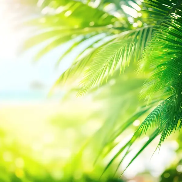 Bulanık, yeşil palmiye yaprağı tropikal plajda, Bokeh güneş ışığı dalgası soyut arka planda. Palmiye ağacıyla soyut deniz manzarası, tropikal plaj arka planı. Sakin denizin ve gökyüzünün bulanık ışığı. yaz tatili konsepti.