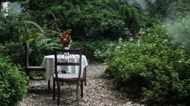 Dışarıda akşam yemeği için bir masa. Çiçekli masa ve bahçe şöleni için sandalyeler..