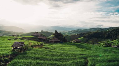 Şafak vakti sisli vadileri, sıcacık kulübeleri ve Tayland 'da şafağın sessiz güzelliği olan uzak bir dağ köyü. Dağın ortasında çarpıcı bir arka planı olan küçük bir kulübe. Ormanın ortasında ahşap kulübeler ve sisli dağlar.