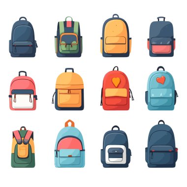 Düz ve çizgi film tarzında kamp yapmak için parlak renkli sırt çantası. Siyahi okul çantası. Okula geri dönmek, okul çantası valizleri, sırt çantası çizimleri. Okul çantalı ve eğitimli çocuklar. Çalışma malzemeleriyle dolu sırt çantaları. Öğrenci çantaları