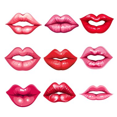 Parlak renkli ve seksi kırmızı dudaklar. Kırmızı seksi kadın dudakları. Hava öpücüğü, güzel dudaklar, güzellik, kırmızı ruj, kozmetik. Üç boyutlu etki. Vektör illüstrasyonu beyaz arkaplanda izole edildi.