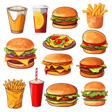 Abur cubur takımı. Fastfood. Fast food çizimleri el çizimi sanat tarzı nesne ögeleri vektör illüstrasyonu. Lezzetli çizgi film stili izole edilmiş. El çizimi vektör