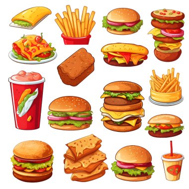 Abur cubur takımı. Fastfood. Fast food çizimleri el çizimi sanat tarzı nesne ögeleri vektör illüstrasyonu. Lezzetli çizgi film stili izole edilmiş. El çizimi vektör