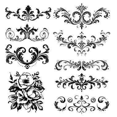Eski süsler ve ayırıcılar, kaligrafik tasarım elemanları ve sayfa dekorasyonu, özel, en yüksek kalite, eski tarz. Projeleriniz için metin engelleyiciler. Vektör çizimi. Kaligrafik tasarım elemanları ve sayfa dekorasyonu.