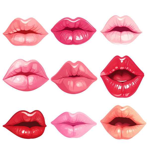 Glossy colored and sexy red lips. Red sexy female lips. an air kiss, beautiful lips, beauty, red lipstick, cosmetics. 3D effect. Vector illustration isolated on white background.