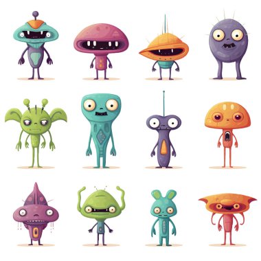 Sevimli Canavarlar Uzaylılar Çizgi Film Tasarımı. Beyaz arka plan izole edilmiş vektör illüstrasyonundaki renkli canavarlar ve uzaylı çizgi film karakterleri. Sevimli Çizgi Film Canavarları Düz Vektör Koleksiyonu.