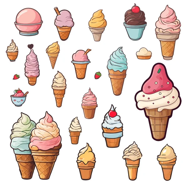 矢量彩色卡通片冰片的分枝 一套美味的冰淇淋 香甜的夏季美味佳肴圣代 味道鲜美的明胶 冰淇淋锥和冰棒 配以不同的配料 — 图库矢量图片#
