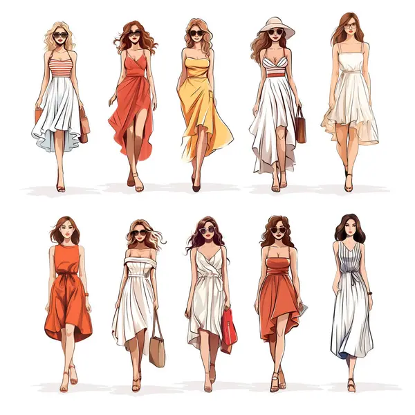 Büyük bir grup farklı kadın giyiniyor, parti veriyor, gündelik, modern sokak tarzı moda kıyafetleri giyiyor ve yürüyor. Çizgi film stili gerçekçi vektör çizimi izole edildi.