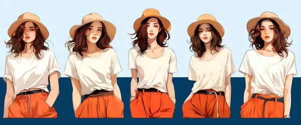 Büyük bir grup farklı kadın giyiniyor, parti veriyor, gündelik, modern sokak tarzı moda kıyafetleri giyiyor ve yürüyor. Çizgi film stili gerçekçi vektör çizimi izole edildi.