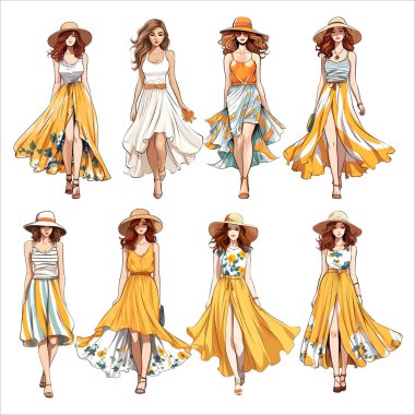 Moda kıyafetleri içinde, aksesuar ve çantalarıyla şık kadınlar ve kızlar. Genç modern moda yaz kıyafetleri giyiyor. Beyaz arkaplanda izole edilmiş renkli düz vektör çizimi