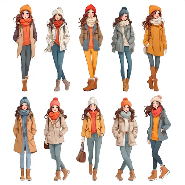 Kış kıyafetleri giymiş bir grup karakter. Paltolu bir kadın, uzun eşarplı şık bir kız. Kadın günlük soğuk kış kıyafetleri moda tarzında. Fular, şapkalar, eldivenler, eldivenler, kalın paltolar giyen insanlar..