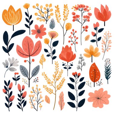 El çizimi çiçek desenli elementler, soyut şekiller. Vahşi ve bahçe çiçekleri, yapraklar. Çağdaş modern vektör botanik sanat çizimleri şeffaf arkaplanda izole edilmiş moda renklerinde.