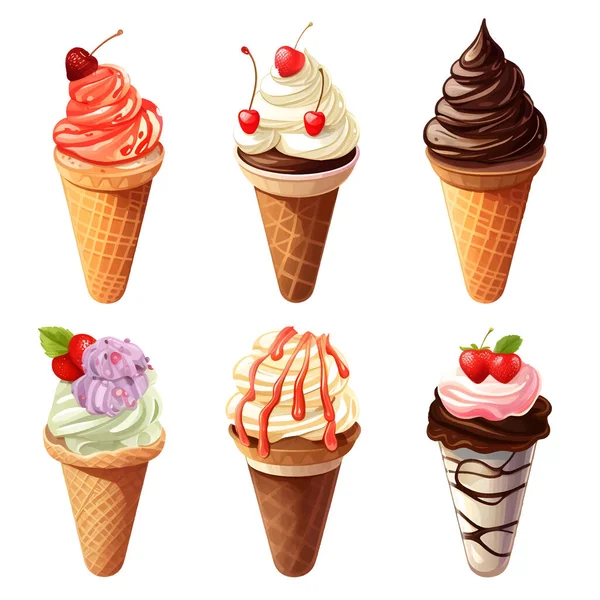 一组不同口味的冰淇淋锥形冰淇淋 有不同口味的巧克力香草和白色背景的水果向量 一套色彩艳丽的孤立冰淇淋 — 图库矢量图片#