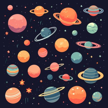 Uzayda birçok gezegenin olduğu bir arka plan tasarımı. Uzay arkaplanındaki renkli çizgi film fantezi gezegenleri, vektör illüstrasyonu. Çizgi film gezegenlerinin vektör kümesi. Renkli izole nesneler.