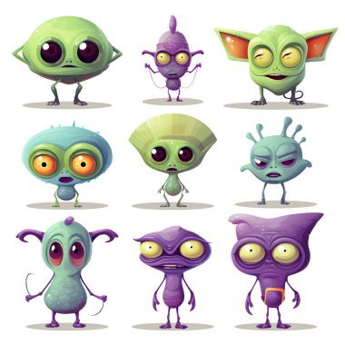 Ayakta duran bir grup canavar. Çizgi film komik mikrop ve bakteri, kızgın ve mutlu uzaylı korkutucu hayvan, çılgın gözlü, dişli ve dilli komik cin beyaz arka planda izole edilmiş vektör çizimi.
