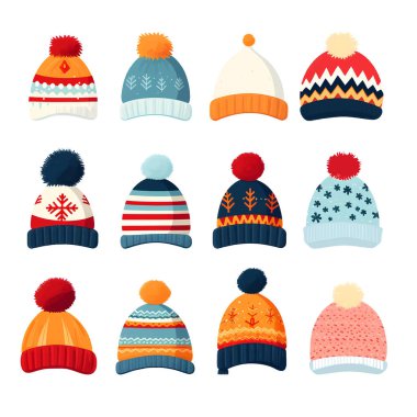 Kış şapkaları. Çocuklar sonbahar başlığı, şapka ve eşarp örüyorlar, soğuk hava çocukları aksesuarları izole vektör resimleme ikonları. Çocuk şalı, aksesuar başlığı, sonbahar çocuksu kıyafetleri.