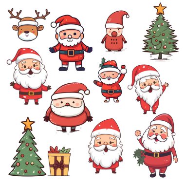 Noel Baba Koleksiyonu. Farklı duyguları ve yeni yıl objeleri olan komik çizgi film karakterleri. Noel Baba. Elf, kardan adam, geyik, ağaç, hediye kutusu. Neşeli ifadeli bir grup Noel Baba karakteri.