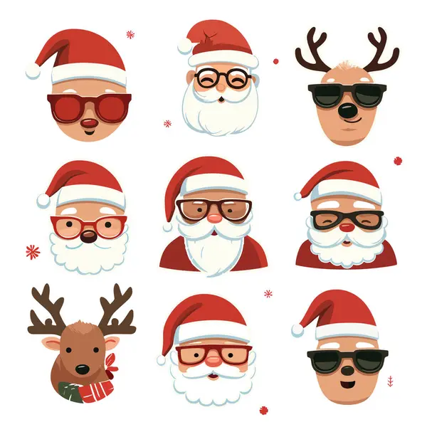 Noel Baba Koleksiyonu. Farklı duyguları ve yeni yıl objeleri olan komik çizgi film karakterleri. Noel Baba. Elf, kardan adam, geyik, ağaç, hediye kutusu. Neşeli ifadeli bir grup Noel Baba karakteri.