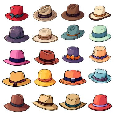 Vektör Karikatür başlıkları. Şapka, kadın ve erkek başlığı, yaz kadın hasır şapka, retro şapka. Moda şapkası. Kıyafet aksesuarı. Vintage renkli izole edilmiş.