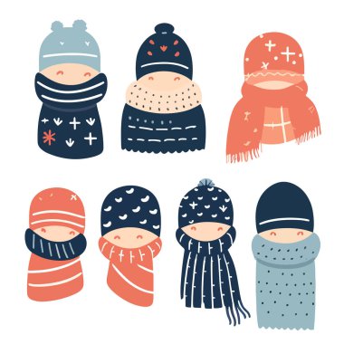 Kış çocukları için şapka ve atkı seti. Şirin örülü kazak. Sıcak örülmüş kış kıyafetleri. İşlemeli baykuş yüzlü şirin şapka, atkı, eldiven, çizme. Kıyafet koleksiyonu aksesuarları için vektör illüstrasyonu. Düz çizgi film karakter vektörü.