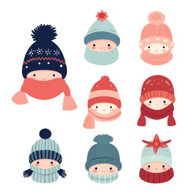 Kış çocukları için şapka ve atkı seti. Şirin örülü kazak. Sıcak örülmüş kış kıyafetleri. İşlemeli baykuş yüzlü şirin şapka, atkı, eldiven, çizme. Kıyafet koleksiyonu aksesuarları için vektör illüstrasyonu. Düz çizgi film karakter vektörü.