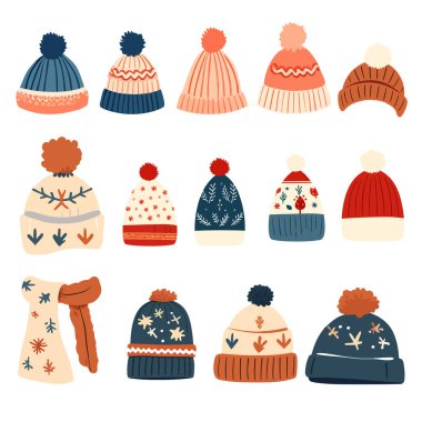 Çizgi film kayağı kış sporları silueti örgü şapka giysileri Mutlu Noel mevsimsel sıcak yün ponpon, kar tanesi seti koleksiyonu, ökseotu.