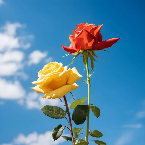 front view, medium distance of a blooming red rose flower, on a green stem, against a blue sky. Closeup of flower of red and yellow rose against sky background.